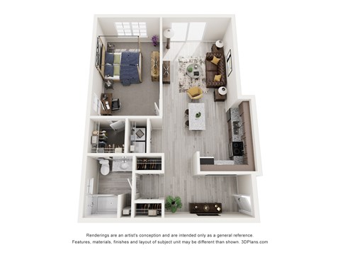 Floor plan for 1 bed, 1 bath, 885 sqft